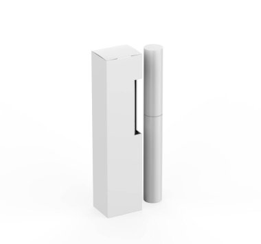 Beyaz arka planda paket kutusu olan özel Mascara Kaş Kalemi. 3d illüstrasyon