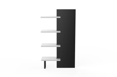 Ekran standı, ürünler için perakende satış standı, beyaz arkaplanda izole edilmiş ekran duruyor. 3d illüstrasyon