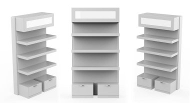 Ekran standı, ürünler için perakende satış standı, beyaz arkaplanda izole edilmiş ekran duruyor. 3d illüstrasyon