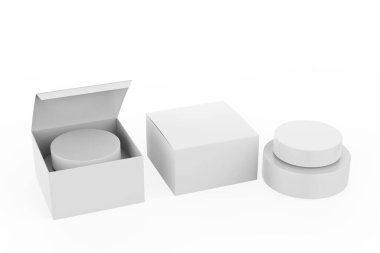 Paketleme kutusu ile kozmetik kavanoz beyaz arkaplan üzerinde izole taklit - 3d illüstrasyon