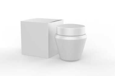 Paketleme kutusu ile kozmetik kavanoz beyaz arkaplan üzerinde izole taklit - 3d illüstrasyon