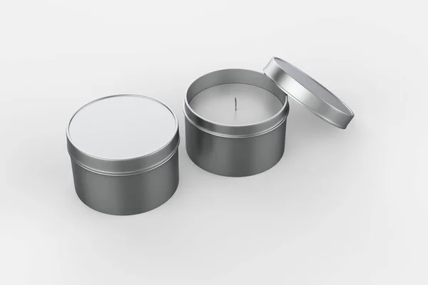 Boş bir seyahat teneke mumu, beyaz bir arka planda izole edilmiş bir şekilde duruyor. 3d resimleme.