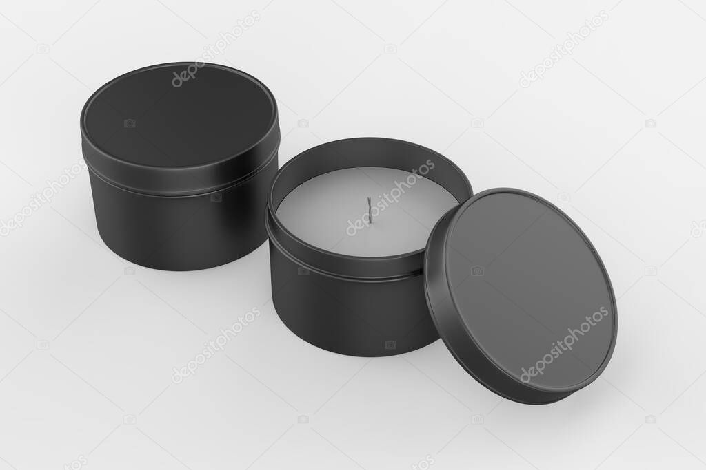 blank travel tin candle mock up isolated on a white back ground. 3d render illustration.