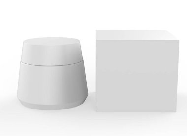 Paketleme kutusu ile kozmetik kavanoz beyaz arkaplan üzerinde izole taklit - 3d illüstrasyon