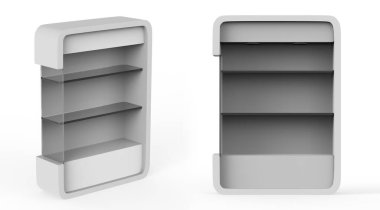 Ekran standı, ürünler için perakende satış standı, beyaz arkaplanda izole edilmiş ekran duruyor. 3d illüstrasyon