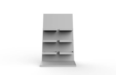 Ekran standı, ürünler için perakende satış standı, beyaz arkaplanda izole edilmiş ekran duruyor. 3d illüstrasyon