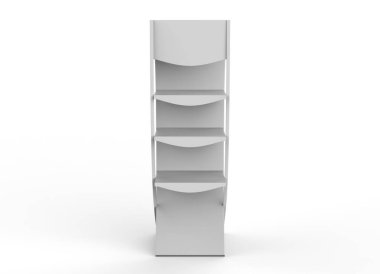 Ekran standı, ürünler için perakende satış standı, beyaz arkaplanda izole edilmiş ekran duruyor. 3d illüstrasyon