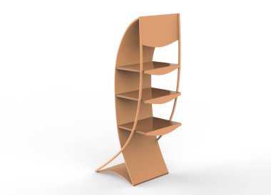 Ekran standı, ürünler için perakende satış standı, beyaz arkaplanda izole edilmiş ekran duruyor. 3d illüstrasyon