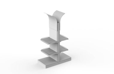 Ekran standı, ürünler için perakende satış standı, beyaz arkaplanda izole edilmiş ekran duruyor. 3d illüstrasyon