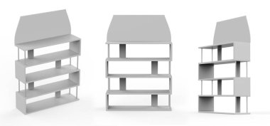 Ekran standı, ürünler için perakende satış standı, beyaz arkaplanda izole edilmiş ekran duruyor. 3d illüstrasyon