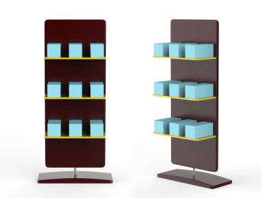 Ekran standı, ürünler için perakende satış standı, beyaz arkaplanda izole edilmiş ekran duruyor. 3d illüstrasyon