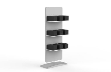 Ekran standı, ürünler için perakende satış standı, beyaz arkaplanda izole edilmiş ekran duruyor. 3d illüstrasyon