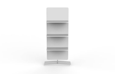 Ekran standı, ürünler için perakende satış standı, beyaz arkaplanda izole edilmiş ekran duruyor. 3d illüstrasyon