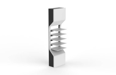 Ekran standı, ürünler için perakende satış standı, beyaz arkaplanda izole edilmiş ekran duruyor. 3d illüstrasyon