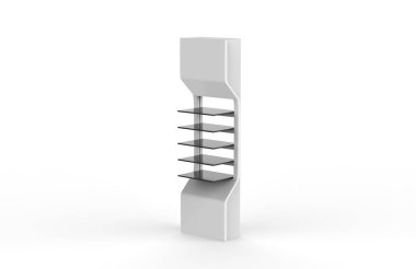 Ekran standı, ürünler için perakende satış standı, beyaz arkaplanda izole edilmiş ekran duruyor. 3d illüstrasyon