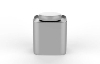 Kuru ürünler için boş uzun teneke kutu yiyecek kabı - çay, kahve, şeker, şeker, baharat. Gerçekçi ambalaj şablonu oluşturur. 3d illüstrasyon.