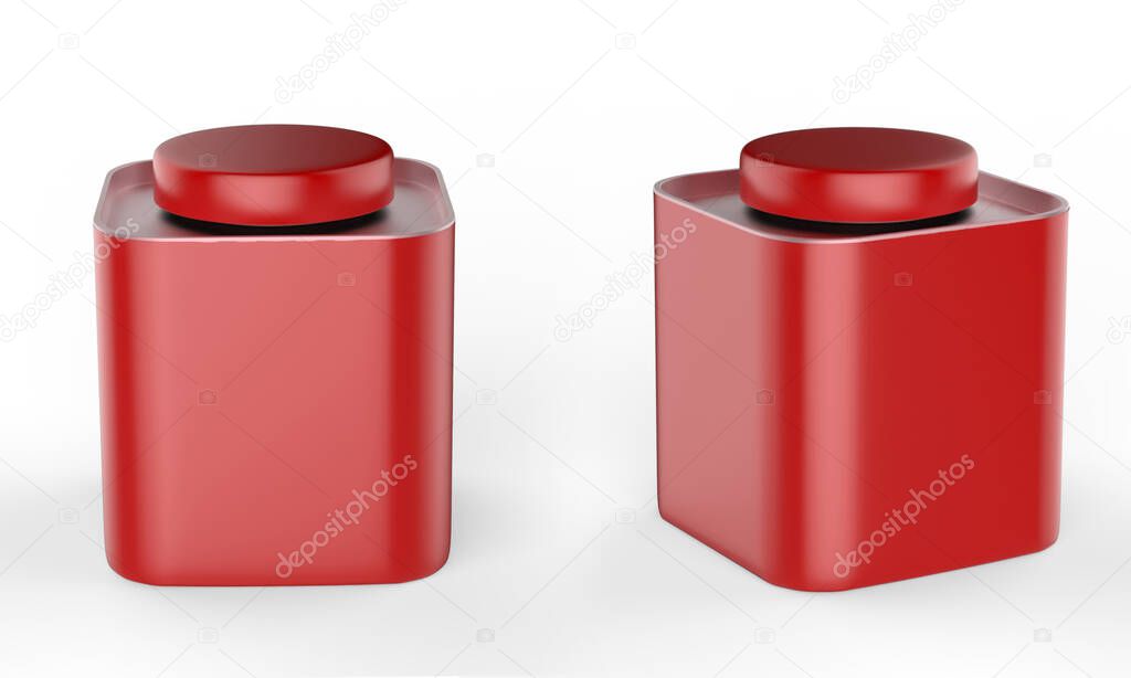Blank tall tin box food container for dry products - tea, coffee, sugar, candy, spice. Realistic packaging mock up template. 3d illustration.