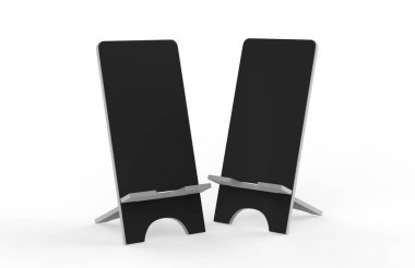 Cep telefonu resepsiyon, kalın çantalı telefon tutucu masası, tüm cep telefonları ile uyumlu. 3d illüstrasyon