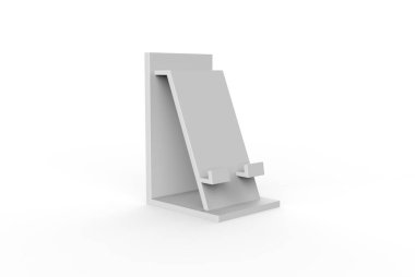 Cep telefonu resepsiyon, kalın çantalı telefon tutucu masası, tüm cep telefonları ile uyumlu. 3d illüstrasyon