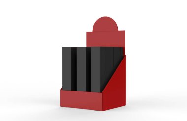 POS POI karton kutu ile reklam broşürleri, broşürler, ürünler. 3D Görüntü Beyaz Arkaplanda İzole Edildi. Tasarımınız için Şablonu Hazırlayın.