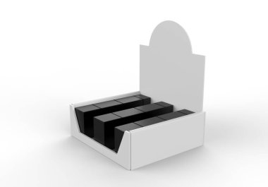 POS POI karton kutu ile reklam broşürleri, broşürler, ürünler. 3D Görüntü Beyaz Arkaplanda İzole Edildi. Tasarımınız için Şablonu Hazırlayın.