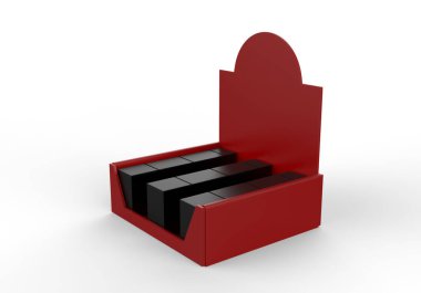 POS POI karton kutu ile reklam broşürleri, broşürler, ürünler. 3D Görüntü Beyaz Arkaplanda İzole Edildi. Tasarımınız için Şablonu Hazırlayın.