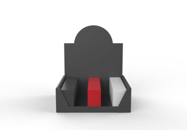 POS POI karton kutu ile reklam broşürleri, broşürler, ürünler. 3D Görüntü Beyaz Arkaplanda İzole Edildi. Tasarımınız için Şablonu Hazırlayın.