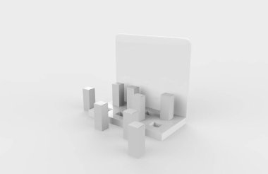 POS POI karton kutu ile reklam broşürleri, broşürler, ürünler. 3D Görüntü Beyaz Arkaplanda İzole Edildi. Tasarımınız için Şablonu Hazırlayın.