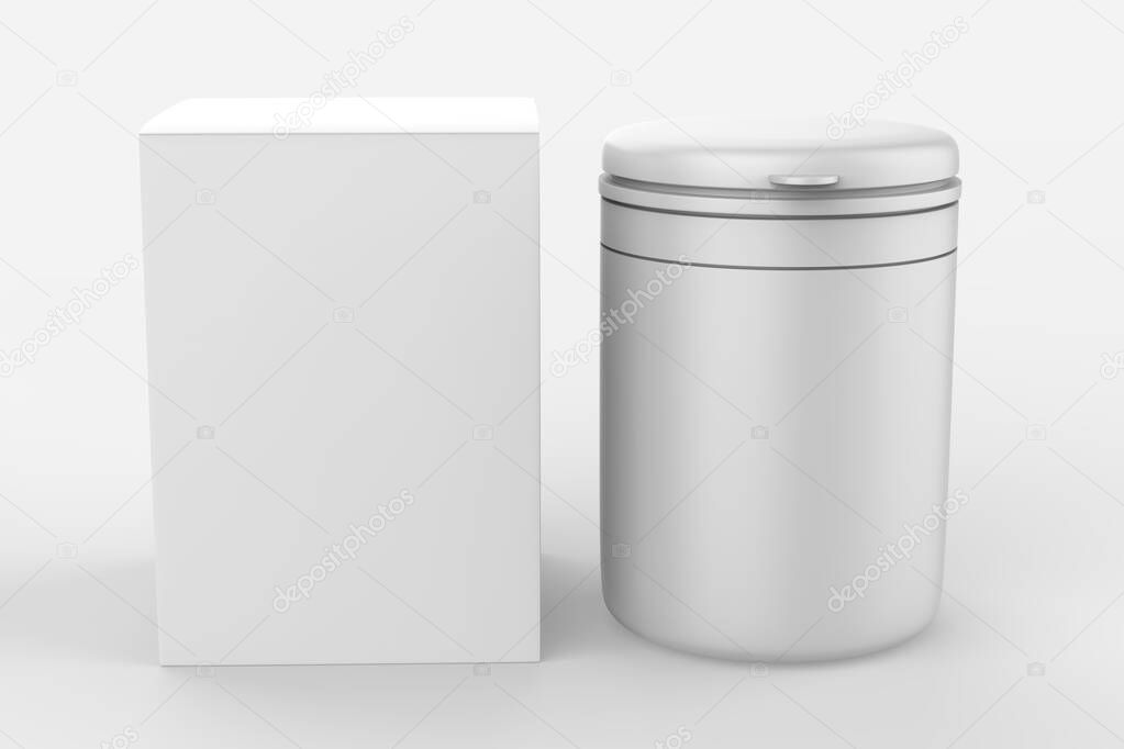 glossy jar with lid for sport powder - protein, vitamins, bcaa, tablets. Photo-realistic packaging mockup template. 3d illustration