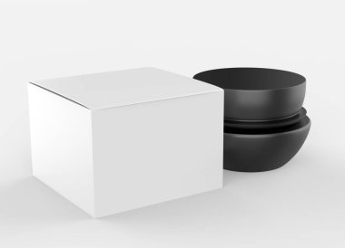 Paketleme kutusu ile kozmetik kavanoz beyaz arkaplan üzerinde izole taklit - 3d illüstrasyon