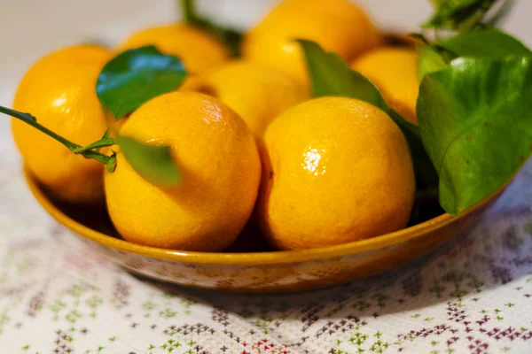 Mandalina Portakal Mandalina Clementines Narenciye Bir Seramik Tabak Içinde Yapraklarla — Stok fotoğraf