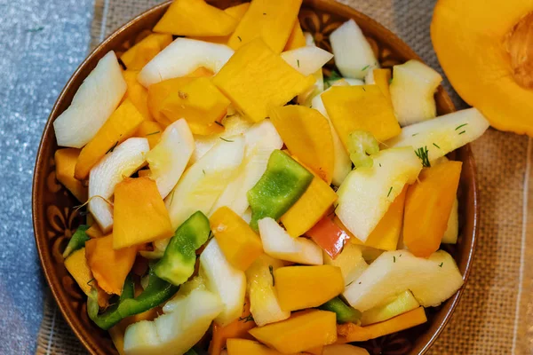 Fresh Vegetables Squash Pumpkin Tomatoes Pepper Cut Cooking Vegetarian Dish — Stock Photo, Image