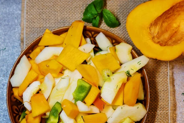 Fresh Vegetables Squash Pumpkin Tomatoes Pepper Cut Cooking Vegetarian Dish — Stock Photo, Image