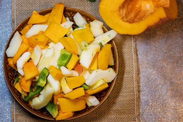 Fresh Vegetables Squash Pumpkin Tomatoes Pepper Cut Cooking Vegetarian Dish — Stock Photo, Image