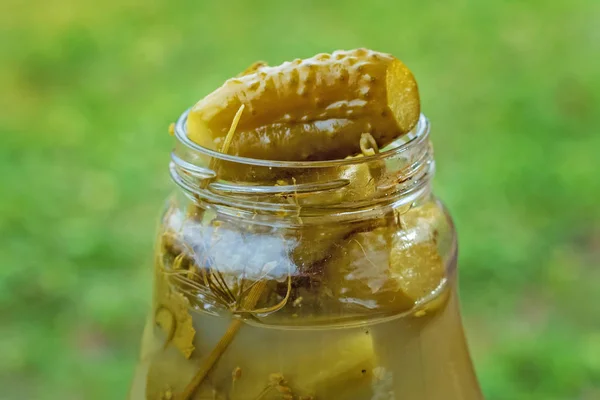 Canned Homemade Pickles Cucumbers Glass Jar — Stock Photo, Image