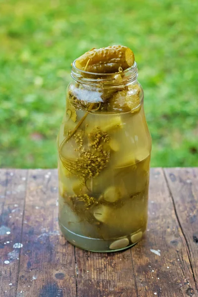 Canned Homemade Pickles Cucumbers Glass Jar — Stock Photo, Image