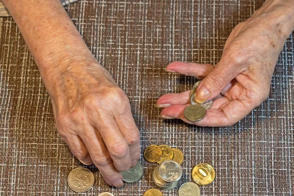 Mains Une Femme Âgée Pièces Monnaie Pour Salut Concept Économie — Photo