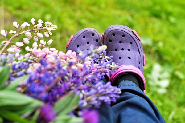 Ramo Lupin Zapatos Goma Para Jardín Cerca Púrpura — Foto de Stock