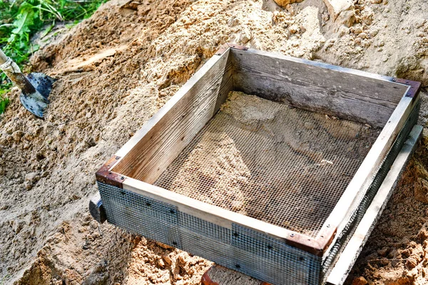 Sieve Sifting Sand Stones Construction — Stock Photo, Image