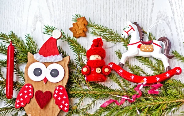 Tarjeta Navidadfondo Navideño Con Decoraciones Navideñas Búho Sombrero Santa Claus —  Fotos de Stock