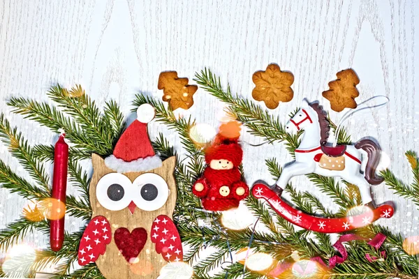 Carte Noëlfond Noël Avec Décorations Noël Hibou Chapeau Père Noël — Photo