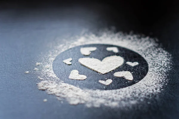 Concept Valentine Day Picture Heart Flour Black Background Happy Valentines — Stock Photo, Image