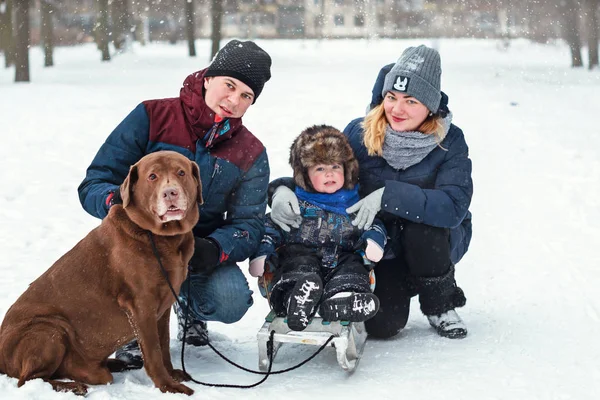 Família Feliz Com Cão Labrador Inverno Retrato Família — Fotografia de Stock