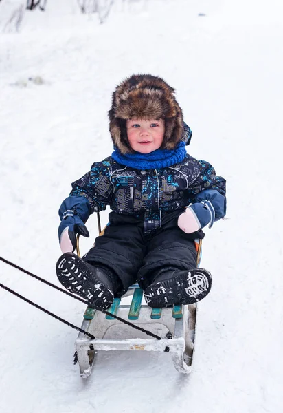Красивий Хлопчик Хутряній Шапці Санях Снігу — стокове фото
