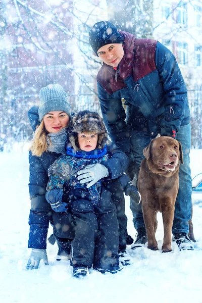 Glückliche Familie Mit Hund Winter Schöne Romantische Atmosphäre Einem Verschneiten — Stockfoto