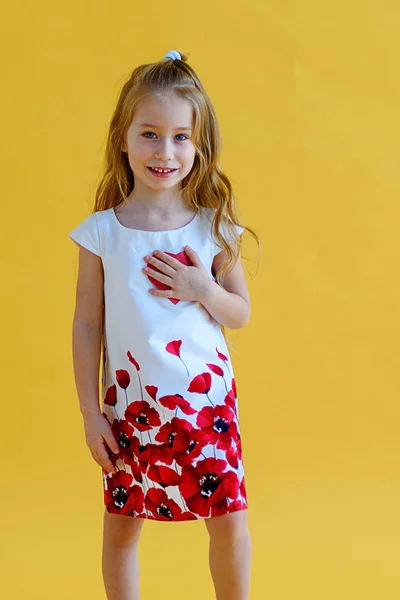 Little Girl Presses Red Paper Heart Her Chest Health Valentine — Stock Photo, Image