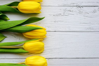 Beyaz ahşap zemin üzerine Sarı laleler çiçekler. Bahar için bekliyor. Mutlu anneler günü, Mart 8. Düz pozisyon, üstten görünüm. Metin için yer.