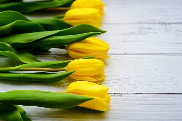 Amarelo tulipas flores sobre fundo de madeira branca. À espera da Primavera. Feliz Dia das Mães, 8 de Março. Posição plana, vista superior. Lugar para texto . — Fotografia de Stock