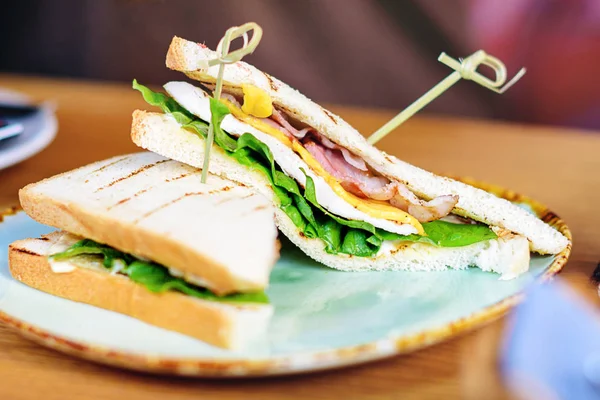 Prosciutto, formaggio, insalata e pane tostato panino sul piatto di servizio — Foto Stock