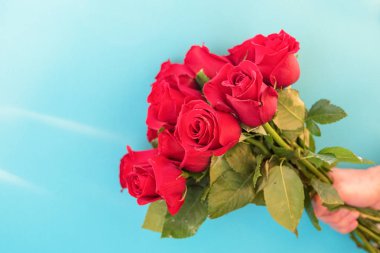 Adam mavi bir arka plan üzerinde güzel kırmızı gül bir buket tutar, yakın çekim. Uluslararası kadınlar günü, doğum günü, anneler günü, Sevgililer Günü
